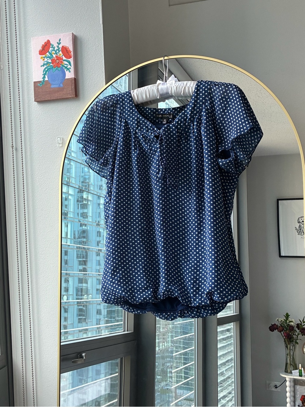 Sara Michelle Navy Polka Dot Flutter Sleeve Blouse